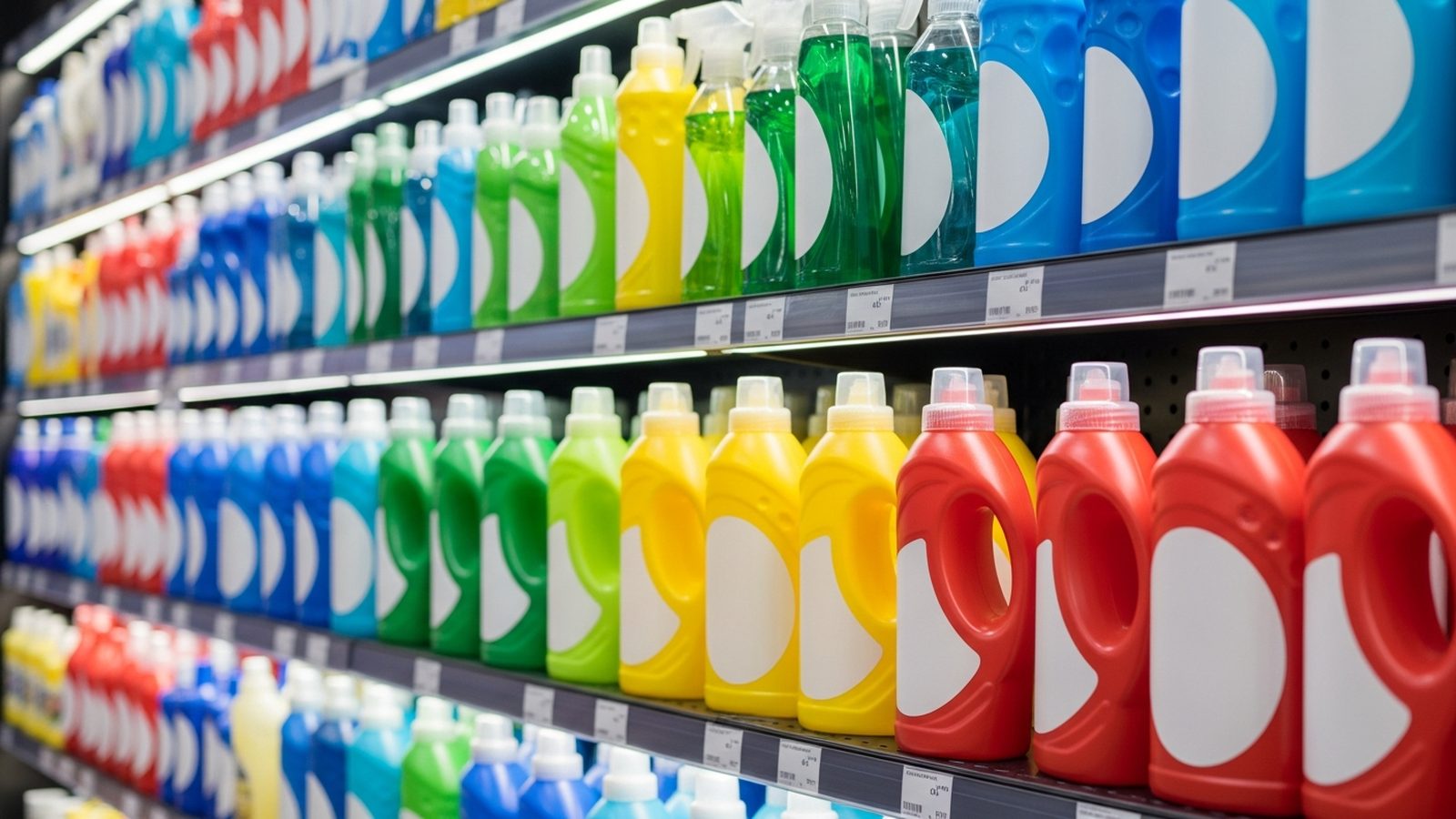 Anaquel con botes y botellas de productos de limpieza